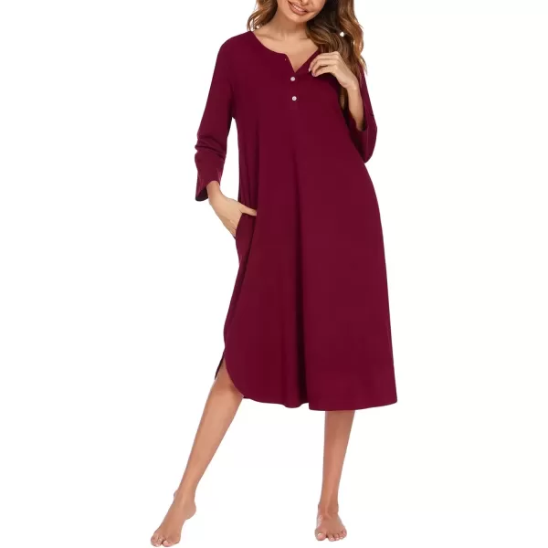 imageEkouaer Womens Long Nightgowns Plaid Sleepwear Soft Loose Nightshirt 34 Sleeve Plus Size Housecoat with Button ampamp PocketsWine Red