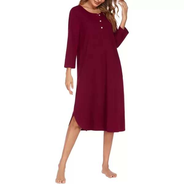 imageEkouaer Womens Long Nightgowns Plaid Sleepwear Soft Loose Nightshirt 34 Sleeve Plus Size Housecoat with Button ampamp PocketsWine Red