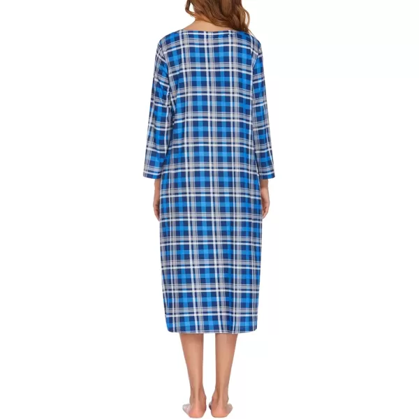 imageEkouaer Womens Long Nightgowns Plaid Sleepwear Soft Loose Nightshirt 34 Sleeve Plus Size Housecoat with Button ampamp PocketsZblue Plaid