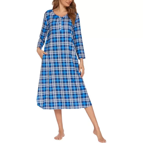 imageEkouaer Womens Long Nightgowns Plaid Sleepwear Soft Loose Nightshirt 34 Sleeve Plus Size Housecoat with Button ampamp PocketsZblue Plaid