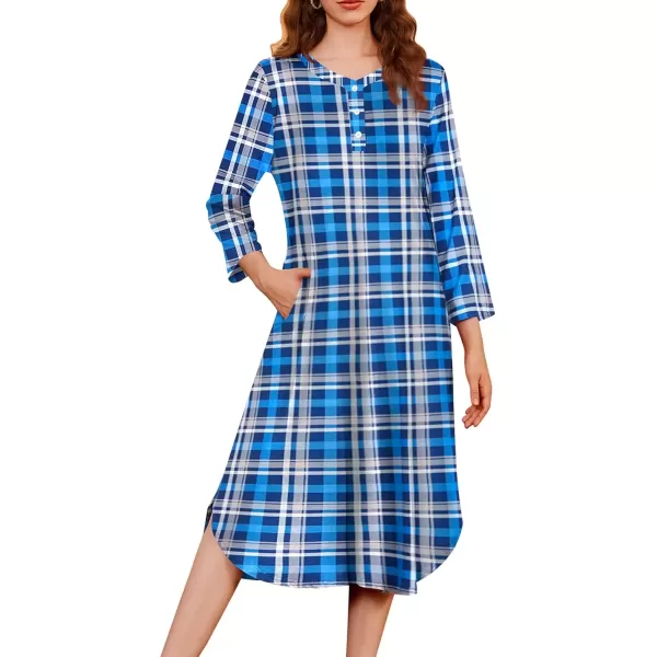 imageEkouaer Womens Long Nightgowns Plaid Sleepwear Soft Loose Nightshirt 34 Sleeve Plus Size Housecoat with Button ampamp PocketsZblue Plaid