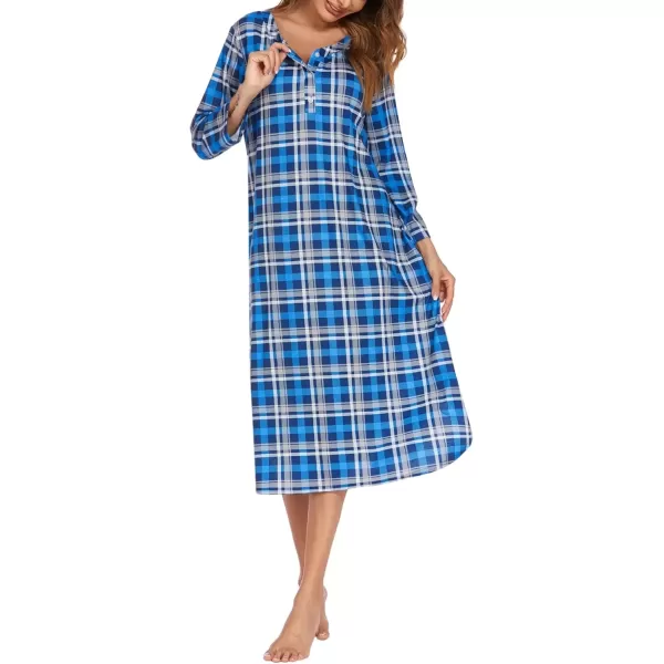 imageEkouaer Womens Long Nightgowns Plaid Sleepwear Soft Loose Nightshirt 34 Sleeve Plus Size Housecoat with Button ampamp PocketsZblue Plaid