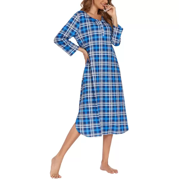 imageEkouaer Womens Long Nightgowns Plaid Sleepwear Soft Loose Nightshirt 34 Sleeve Plus Size Housecoat with Button ampamp PocketsZblue Plaid