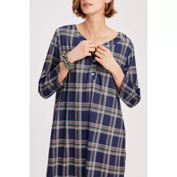 imageEkouaer Womens Long Nightgowns Plaid Sleepwear Soft Loose Nightshirt 34 Sleeve Plus Size Housecoat with Button ampamp PocketsZblueyellow Plaid