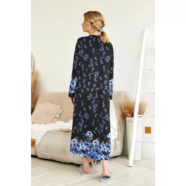 imageEkouaer Womens Nightgown Long Loungewear V Neck Nightshirt Sleepwear Full Length Sleepshirt with PocketsBlack Blue Floral