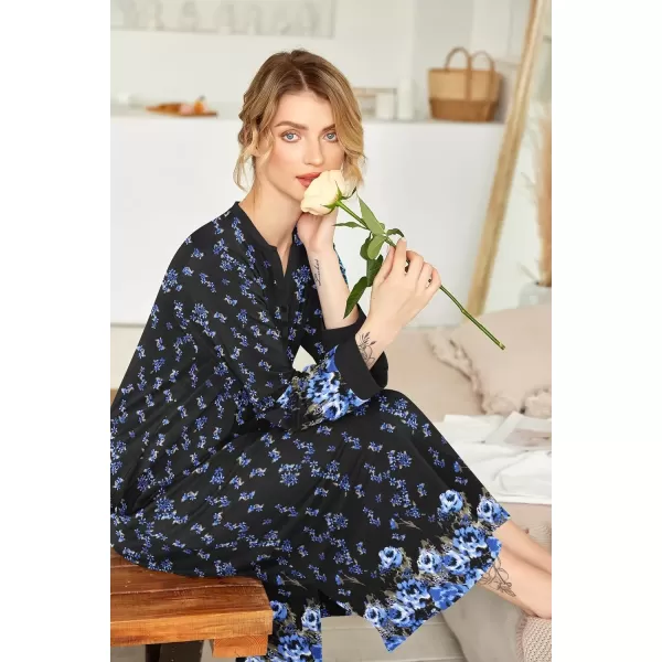 imageEkouaer Womens Nightgown Long Loungewear V Neck Nightshirt Sleepwear Full Length Sleepshirt with PocketsBlack Blue Floral