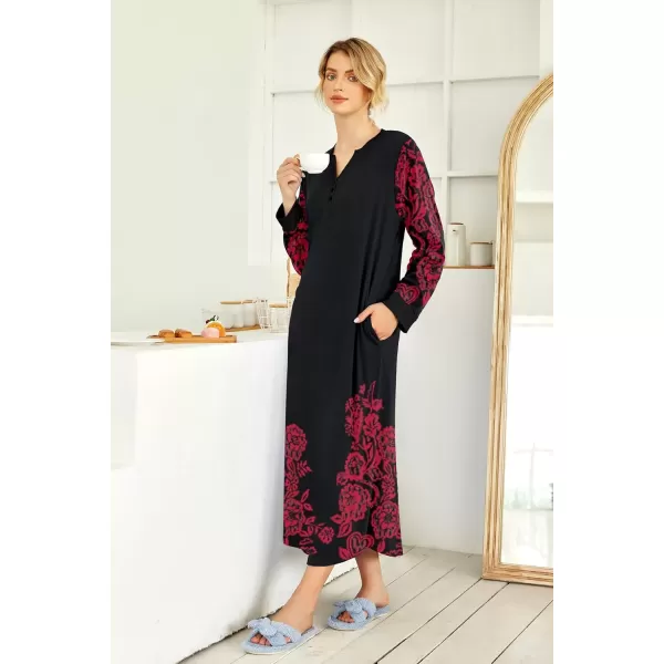 imageEkouaer Womens Nightgown Long Loungewear V Neck Nightshirt Sleepwear Full Length Sleepshirt with PocketsBlack Red Flower