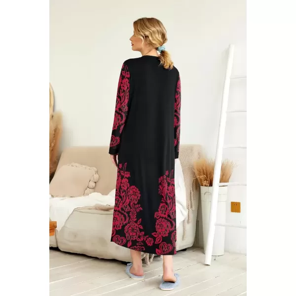 imageEkouaer Womens Nightgown Long Loungewear V Neck Nightshirt Sleepwear Full Length Sleepshirt with PocketsBlack Red Flower