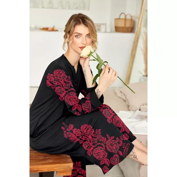 imageEkouaer Womens Nightgown Long Loungewear V Neck Nightshirt Sleepwear Full Length Sleepshirt with PocketsBlack Red Flower