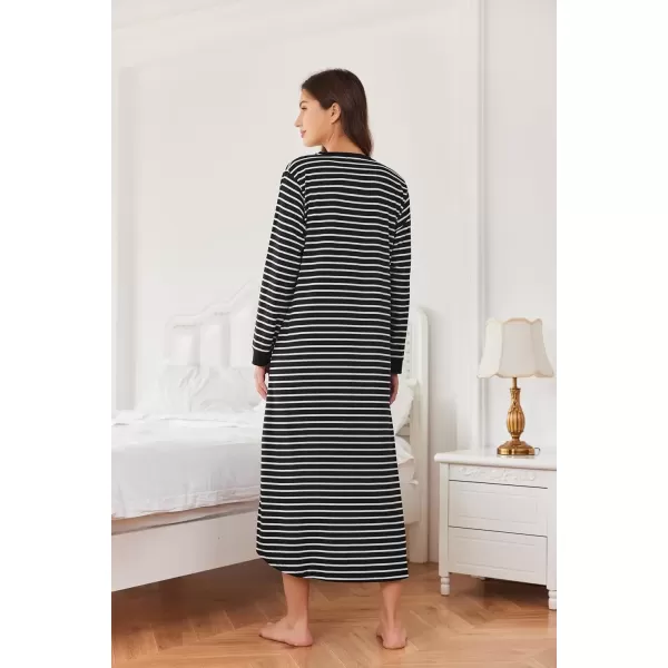 imageEkouaer Womens Nightgown Long Loungewear V Neck Nightshirt Sleepwear Full Length Sleepshirt with PocketsBlack Stripe
