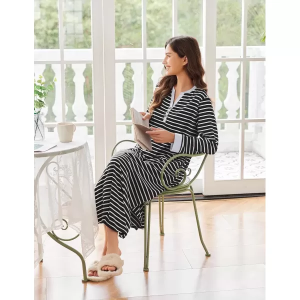 imageEkouaer Womens Nightgown Long Loungewear V Neck Nightshirt Sleepwear Full Length Sleepshirt with PocketsBlack White Striped