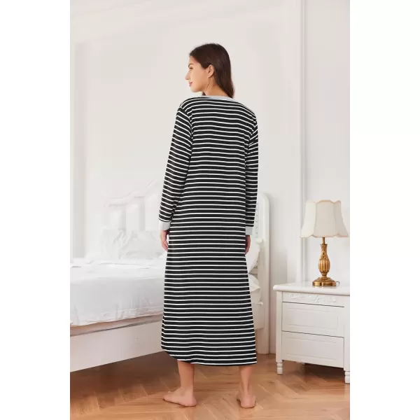 imageEkouaer Womens Nightgown Long Loungewear V Neck Nightshirt Sleepwear Full Length Sleepshirt with PocketsBlack White Striped