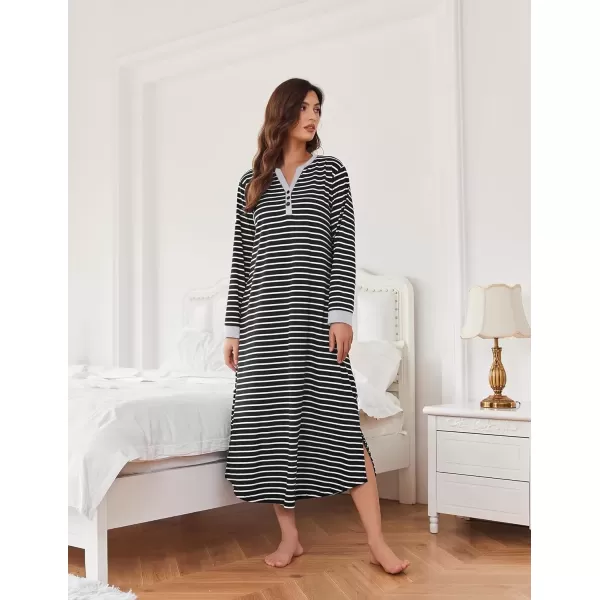 imageEkouaer Womens Nightgown Long Loungewear V Neck Nightshirt Sleepwear Full Length Sleepshirt with PocketsBlack White Striped