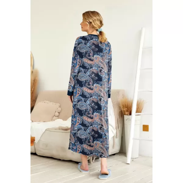 imageEkouaer Womens Nightgown Long Loungewear V Neck Nightshirt Sleepwear Full Length Sleepshirt with PocketsBlue Cashews