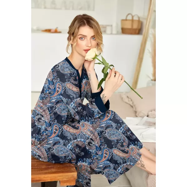 imageEkouaer Womens Nightgown Long Loungewear V Neck Nightshirt Sleepwear Full Length Sleepshirt with PocketsBlue Cashews