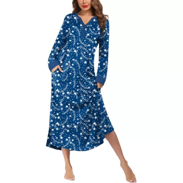 imageEkouaer Womens Nightgown Long Loungewear V Neck Nightshirt Sleepwear Full Length Sleepshirt with PocketsBlue Star