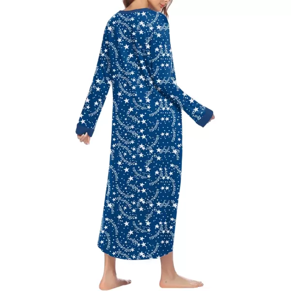 imageEkouaer Womens Nightgown Long Loungewear V Neck Nightshirt Sleepwear Full Length Sleepshirt with PocketsBlue Star