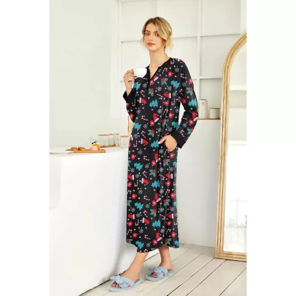 imageEkouaer Womens Nightgown Long Loungewear V Neck Nightshirt Sleepwear Full Length Sleepshirt with PocketsChirstmas Black