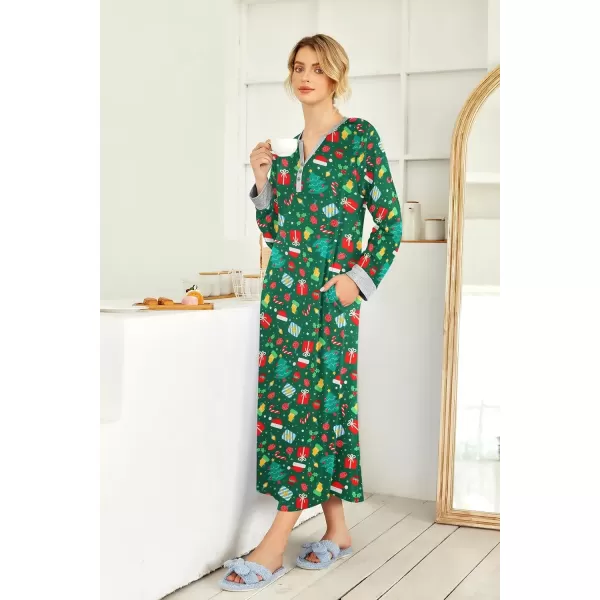imageEkouaer Womens Nightgown Long Loungewear V Neck Nightshirt Sleepwear Full Length Sleepshirt with PocketsChristmas Green