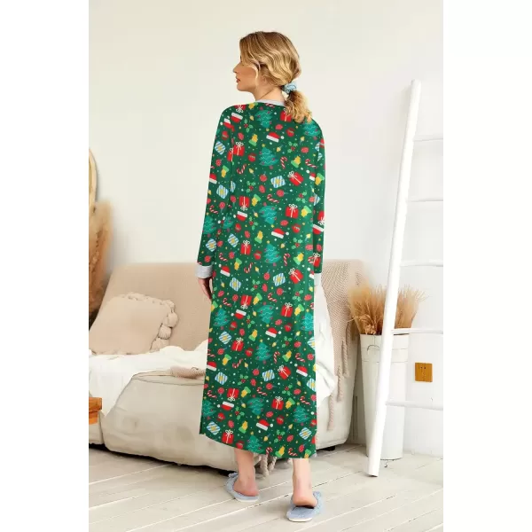imageEkouaer Womens Nightgown Long Loungewear V Neck Nightshirt Sleepwear Full Length Sleepshirt with PocketsChristmas Green