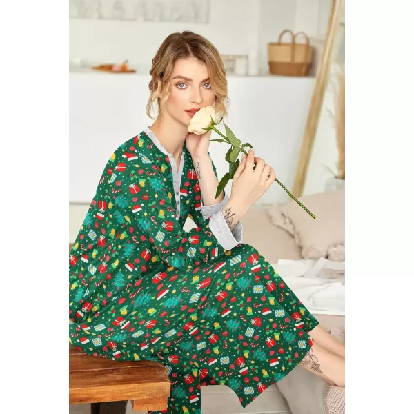 imageEkouaer Womens Nightgown Long Loungewear V Neck Nightshirt Sleepwear Full Length Sleepshirt with PocketsChristmas Green
