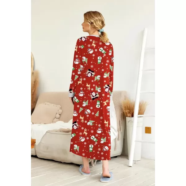 imageEkouaer Womens Nightgown Long Loungewear V Neck Nightshirt Sleepwear Full Length Sleepshirt with PocketsChristmas Red With Santa