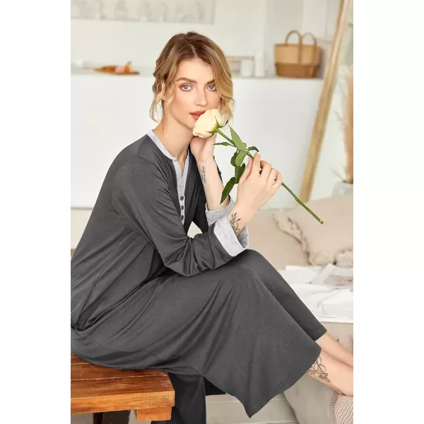 imageEkouaer Womens Nightgown Long Loungewear V Neck Nightshirt Sleepwear Full Length Sleepshirt with PocketsGrey