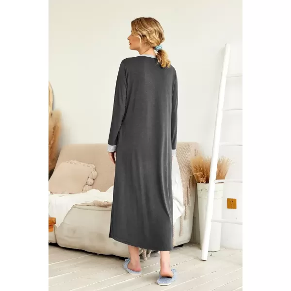 imageEkouaer Womens Nightgown Long Loungewear V Neck Nightshirt Sleepwear Full Length Sleepshirt with PocketsGrey