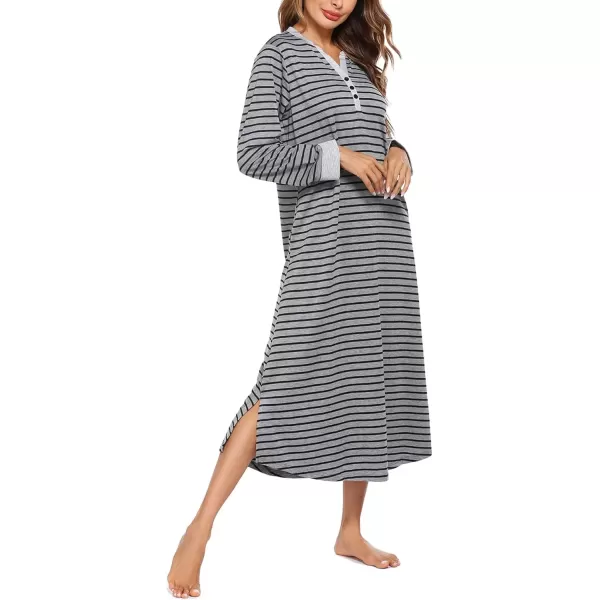 imageEkouaer Womens Nightgown Long Loungewear V Neck Nightshirt Sleepwear Full Length Sleepshirt with PocketsGrey Black Striped