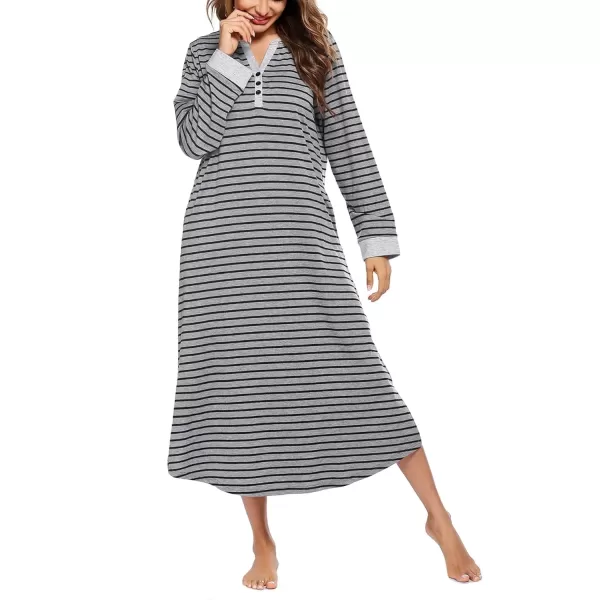 imageEkouaer Womens Nightgown Long Loungewear V Neck Nightshirt Sleepwear Full Length Sleepshirt with PocketsGrey Black Striped
