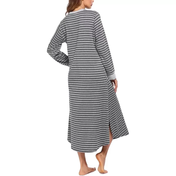 imageEkouaer Womens Nightgown Long Loungewear V Neck Nightshirt Sleepwear Full Length Sleepshirt with PocketsGrey Black Striped