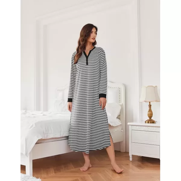 imageEkouaer Womens Nightgown Long Loungewear V Neck Nightshirt Sleepwear Full Length Sleepshirt with PocketsGrey White Striped