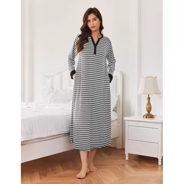 imageEkouaer Womens Nightgown Long Loungewear V Neck Nightshirt Sleepwear Full Length Sleepshirt with PocketsGrey White Striped