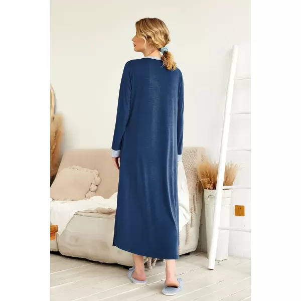 imageEkouaer Womens Nightgown Long Loungewear V Neck Nightshirt Sleepwear Full Length Sleepshirt with PocketsNavy