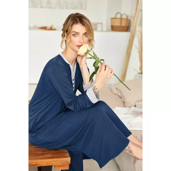imageEkouaer Womens Nightgown Long Loungewear V Neck Nightshirt Sleepwear Full Length Sleepshirt with PocketsNavy