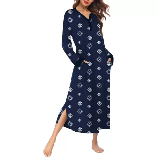 imageEkouaer Womens Nightgown Long Loungewear V Neck Nightshirt Sleepwear Full Length Sleepshirt with PocketsNavy Geometry