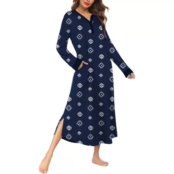 imageEkouaer Womens Nightgown Long Loungewear V Neck Nightshirt Sleepwear Full Length Sleepshirt with PocketsNavy Geometry