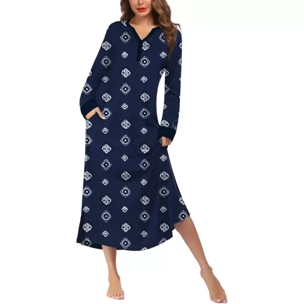 imageEkouaer Womens Nightgown Long Loungewear V Neck Nightshirt Sleepwear Full Length Sleepshirt with PocketsNavy Geometry
