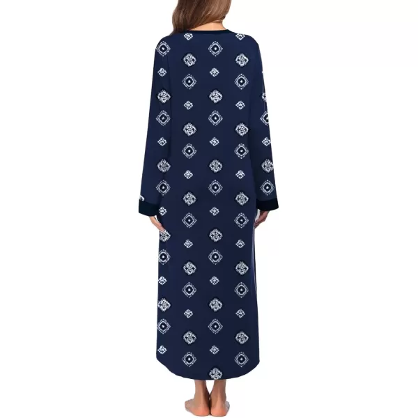 imageEkouaer Womens Nightgown Long Loungewear V Neck Nightshirt Sleepwear Full Length Sleepshirt with PocketsNavy Geometry