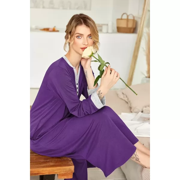 imageEkouaer Womens Nightgown Long Loungewear V Neck Nightshirt Sleepwear Full Length Sleepshirt with PocketsPurple