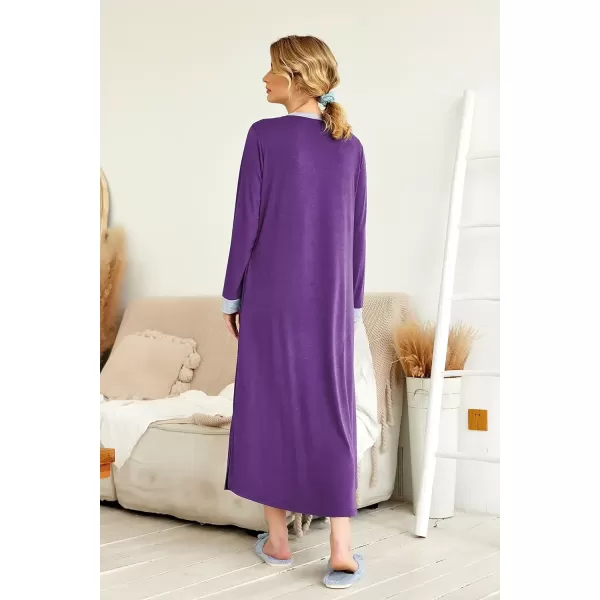 imageEkouaer Womens Nightgown Long Loungewear V Neck Nightshirt Sleepwear Full Length Sleepshirt with PocketsPurple