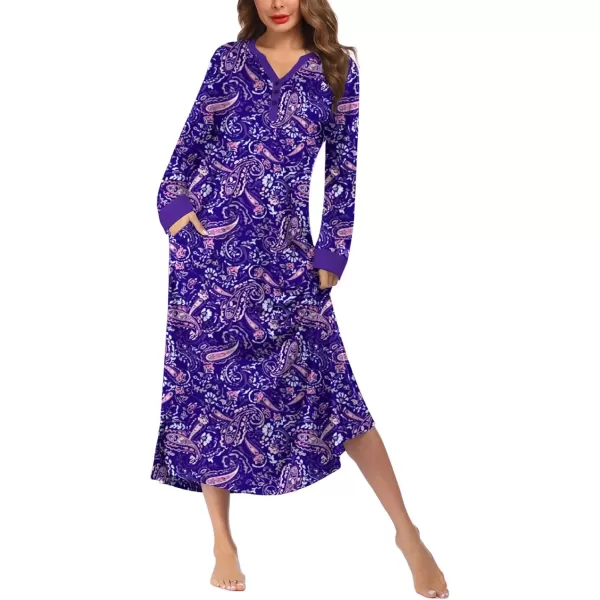 imageEkouaer Womens Nightgown Long Loungewear V Neck Nightshirt Sleepwear Full Length Sleepshirt with PocketsPurple Cashew