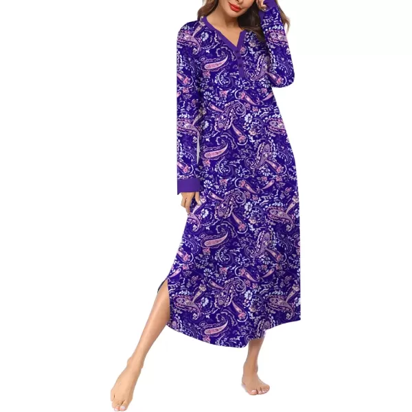 imageEkouaer Womens Nightgown Long Loungewear V Neck Nightshirt Sleepwear Full Length Sleepshirt with PocketsPurple Cashew