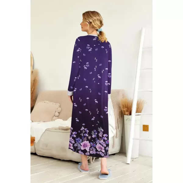 imageEkouaer Womens Nightgown Long Loungewear V Neck Nightshirt Sleepwear Full Length Sleepshirt with PocketsPurple Flower