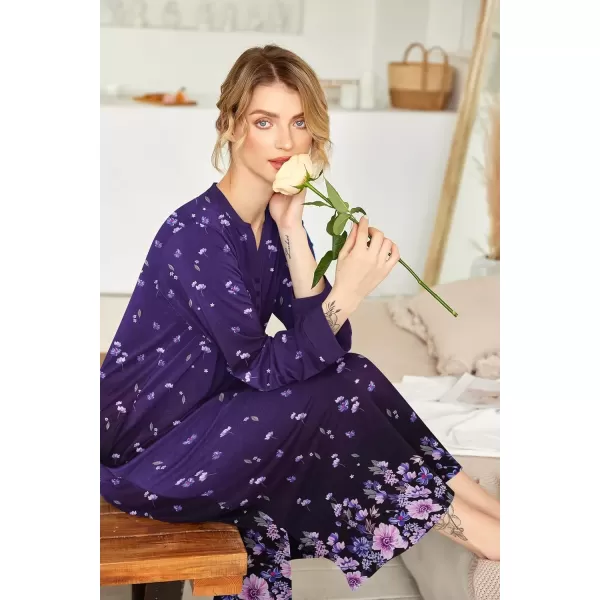 imageEkouaer Womens Nightgown Long Loungewear V Neck Nightshirt Sleepwear Full Length Sleepshirt with PocketsPurple Flower