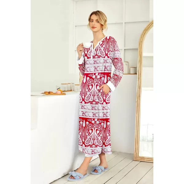 imageEkouaer Womens Nightgown Long Loungewear V Neck Nightshirt Sleepwear Full Length Sleepshirt with PocketsRed Cashews