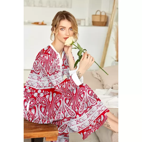 imageEkouaer Womens Nightgown Long Loungewear V Neck Nightshirt Sleepwear Full Length Sleepshirt with PocketsRed Cashews