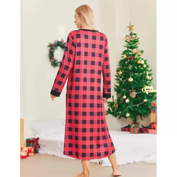 imageEkouaer Womens Nightgown Long Loungewear V Neck Nightshirt Sleepwear Full Length Sleepshirt with PocketsRed Plaid