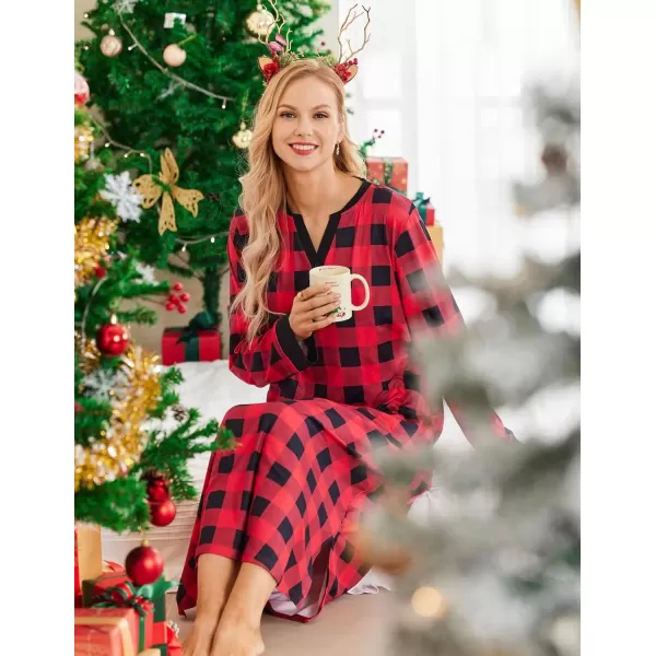 imageEkouaer Womens Nightgown Long Loungewear V Neck Nightshirt Sleepwear Full Length Sleepshirt with PocketsRed Plaid