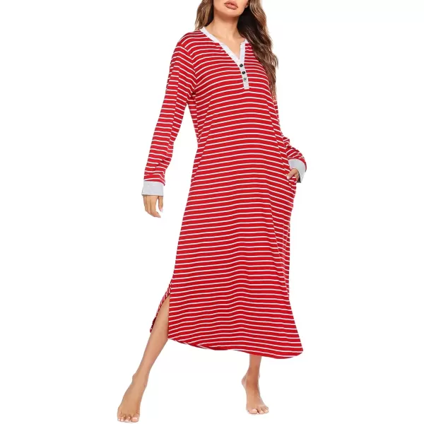 imageEkouaer Womens Nightgown Long Loungewear V Neck Nightshirt Sleepwear Full Length Sleepshirt with PocketsRed Stripe